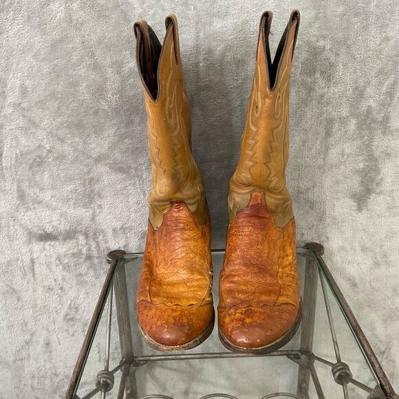 Vintage Justin Ostrich Cowboy Boots Mens 10.5 D Two tone tan full quill * - Picture 3 of 16